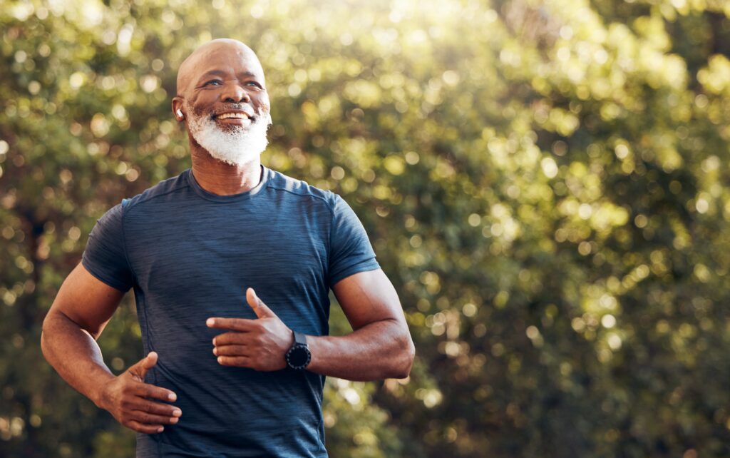 Senior male, outdoor runner and motivation for fitness