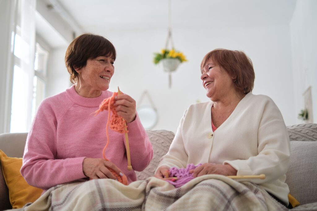 two senior women knitting and reminiscing together. maintaining strong family bonds and social interaction to combat loneliness and isolation in older adults.